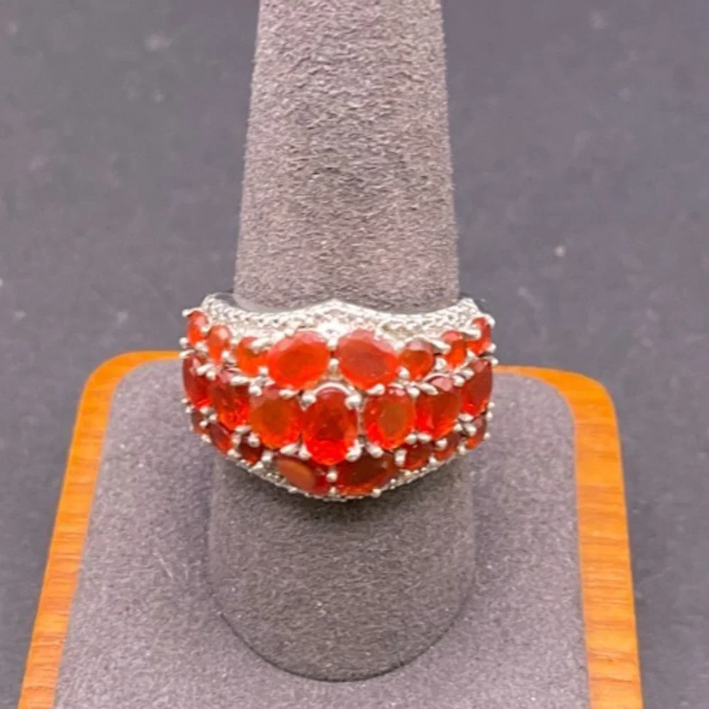 Vintage STS 925 Sterling Silver Fire Opal Dome Cluster Statement Ring Size 9.5